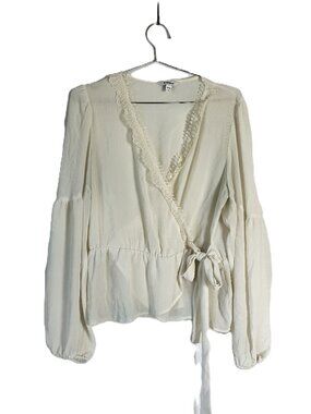 Express Coquette Wrap Style Blouse Gauzy Lace Trim M Cream